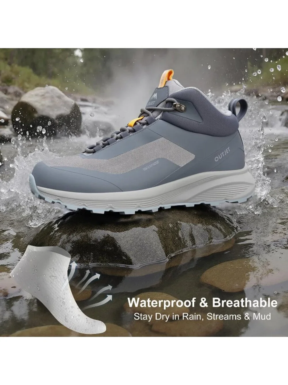 Men's Grey Waterproof Shoes Casual Solid Mid Top Cap Toe Non Slip Hiking Boot
